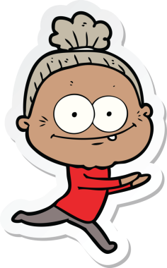 Bir insan tarafından çizilmiş mutlu yaşlı bir kadının çıkartması.