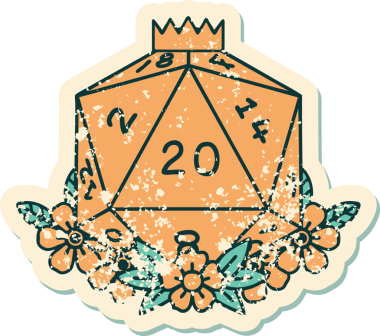 Retro Dövme Biçimi Doğal 20 D20 zar bir insan tarafından çizilmiş çiçek elementleriyle