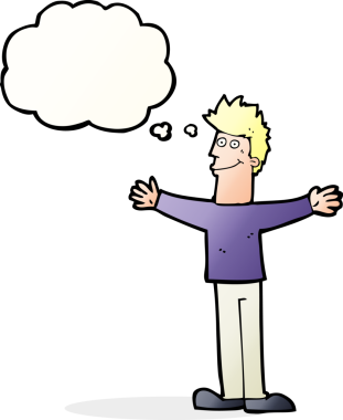 Bir insan tarafından çizilmiş düşünce balonlu mutlu adam çizgi filmi.