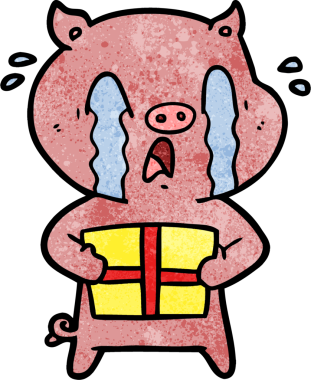 Ağlayan domuz çizgi filmi bir insan tarafından çizilmiş Noel hediyesini teslim ediyor.