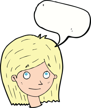 Bir insan tarafından çizilmiş konuşma balonlu mutlu kadın yüzü.