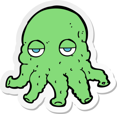 Bir insan tarafından çizilmiş uzaylı mürekkep balığı suratlı karikatür çıkartması.