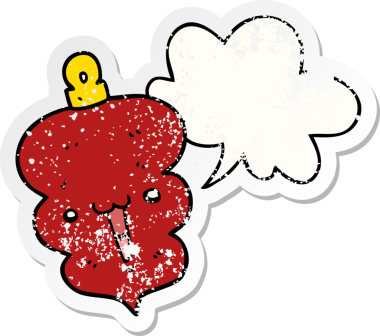 Karikatür Noel süslemesi, konuşma baloncuklarıyla süslü, sıkıntılı eski bir çıkartma, bir insan tarafından çizilmiş.