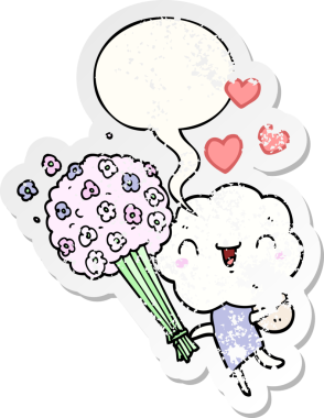 Konuşma baloncuğu olan sevimli çizgi film yaratığı bir insan tarafından çizilmiş sıkıntılı eski bir çıkartma.