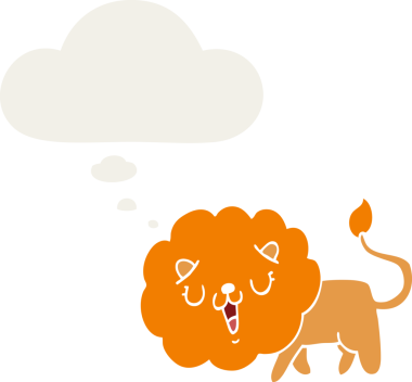 Bir insan tarafından çizilmiş düşünce baloncuğu olan sevimli çizgi film aslanı.