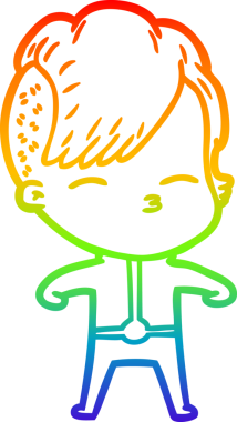 Gökkuşağı gradyan çizgi çizimi. Bir insan tarafından çizilmiş fütürist kıyafetler giyen bir kız çizimi.