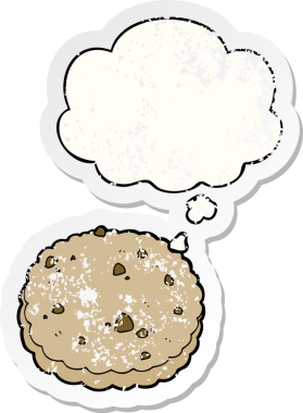 Düşünce baloncuklu çizgi film bisküvisi insan tarafından çizilmiş yıpranmış bir çıkartma.