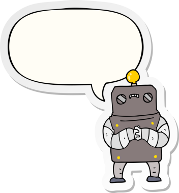 Bir insan tarafından çizilmiş konuşma balonu çıkartmalı çizgi film robotu.