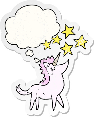 Düşünce baloncuklu tek boynuzlu at dertli bir çıkartma gibi bir insan tarafından çizilmiş.
