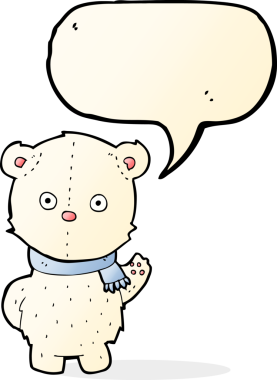 Bir insan tarafından çizilmiş konuşma balonlu kutup ayısı yavrusunu sallayan çizgi film.