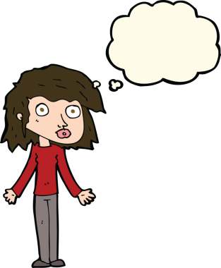 Bir insan tarafından çizilmiş düşünce baloncuğuyla omuz silken çizgi film kızı.