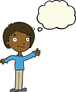 Bir insan tarafından çizilmiş düşünce balonu olan mutlu çocuk çizgi filmi.