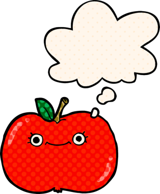 Çizgi roman tarzında bir insan tarafından çizilmiş düşünce baloncuğu olan şirin çizgi film elması.