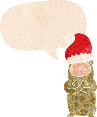 Çizgi film ayısı Noel şapkası takıyor ve grunge şeklinde konuşma balonu takıyor.