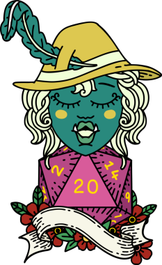 Retro Dövme Tarzı Şarkı Söyleyen Yarı Ork Ozan Bir insan tarafından çizilmiş doğal yirmi zar ile