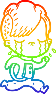 Gökkuşağının gradyan çizimi bir insan tarafından çizilmiş ağlayan bir kız çizgi filmi.