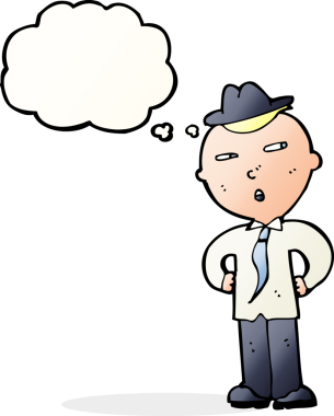 Bir insan tarafından çizilmiş düşünce balonlu şapka takan çizgi film adamı.