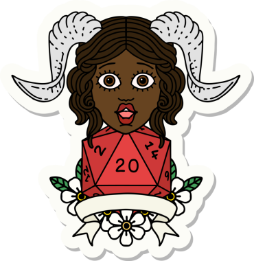 Bir insan tarafından çizilmiş doğal yirmi zarla yapıştırılmış bir etiket.