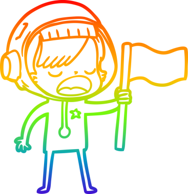 Gökkuşağı gradyan çizgi çizimi Bir insan tarafından çizilen bayrak sallayan astronot kadın