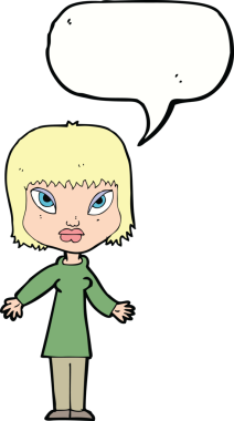 Bir insan tarafından çizilmiş konuşma balonlu açık kollu çizgi film kadını.