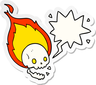 Bir insan tarafından çizilmiş konuşma kabarcığı çıkartmalı, alevli bir kafatası.