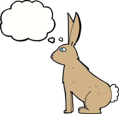 Bir insan tarafından çizilmiş düşünce kabarcığı olan çizgi film tavşanı.