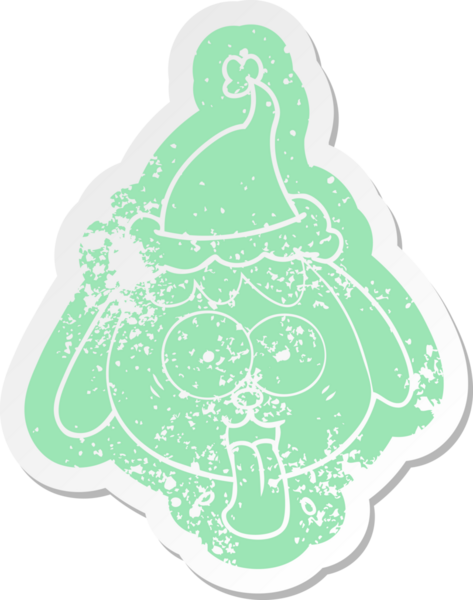 Bir insan tarafından çizilmiş Noel Baba şapkasıyla nefes nefese kalmış bir köpek suratının sıkıntılı çıkartması.