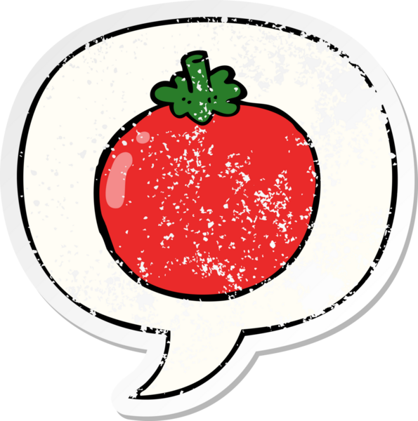 Konuşma baloncuklu çizgi film domatesi bir insan tarafından çizilmiş sıkıntılı eski bir çıkartma