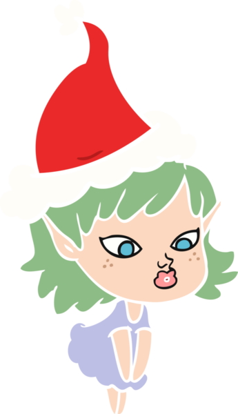 Bir insan tarafından çizilmiş Noel Baba şapkası giyen bir elf kızının güzel düz çizilmiş resmi.