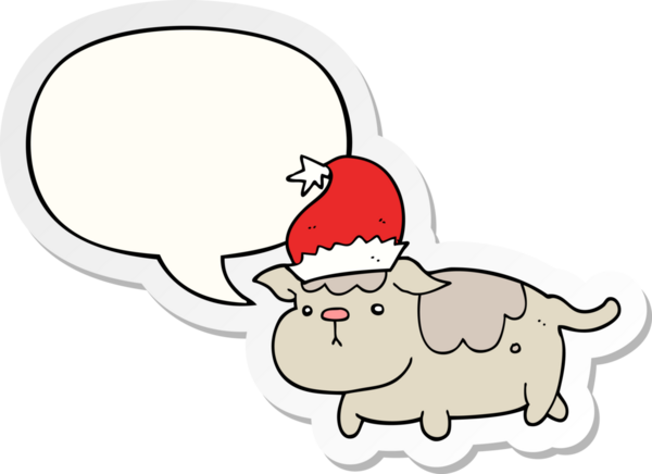 Bir insan tarafından çizilmiş konuşma balonu çıkartmalı şirin bir Noel köpeği.