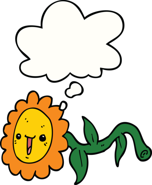 Bir insan tarafından çizilmiş düşünce baloncuklu karikatür çiçeği