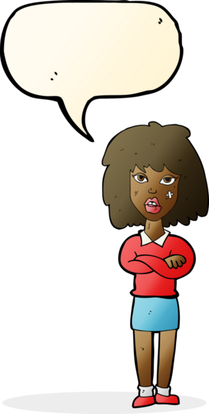 Bir insan tarafından çizilmiş konuşma balonuyla kollarını kavuşturmuş sert kadın çizgi filmi.