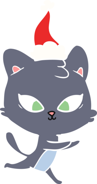 Bir insan tarafından çizilmiş Noel Baba şapkası takan bir kedinin düz renk çizimi.