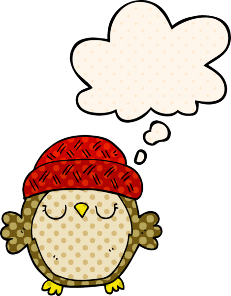 Bir insan tarafından çizilmiş çizgi roman tarzında düşünce baloncuğu olan şapkalı sevimli bir baykuş.