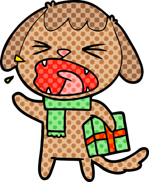 Bir insan tarafından çizilmiş Noel hediyesi olan sevimli bir çizgi film köpeği.