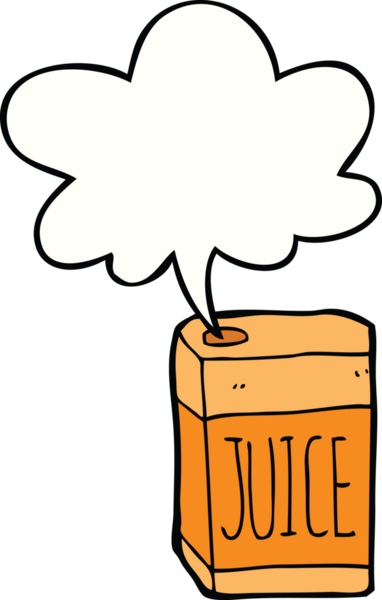 Bir insan tarafından çizilmiş konuşma baloncuğu olan meyve suyu kutusu.