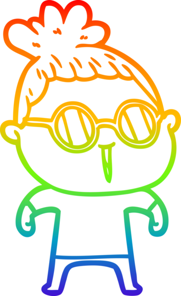 Bir insan tarafından çizilmiş gözlük takan bir karikatür kadının çizimi.