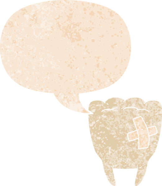 Kötü dişli çizgi film, konuşma baloncuğu ve grunge dertli eski moda bir insan tarafından çizilmiş.