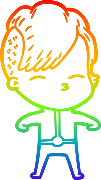 Gökkuşağı gradyan çizgi çizimi. Bir insan tarafından çizilmiş fütürist kıyafetler giyen bir kız çizimi.