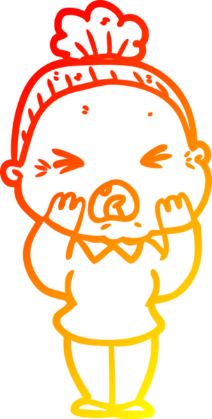 Bir insan tarafından çizilmiş kızgın yaşlı bir kadının sıcak çizgi çizimi.