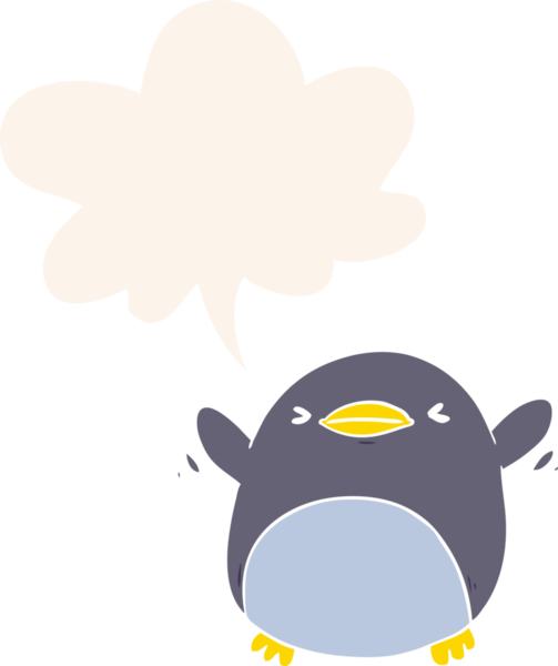 Bir insan tarafından çizilmiş konuşma baloncuğu ile kanat çırpan sevimli penguen çizgi filmi.