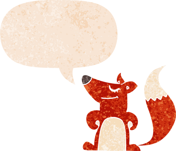 bir insan tarafından çizilmiş grunge sıkıntılı retro biçimli konuşma balonu ile çizgi film tilkisi