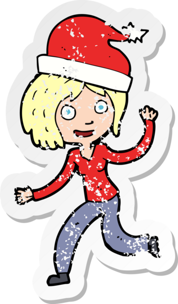 Bir insan tarafından çizilmiş Noel 'e hazır bir karikatür kadının gerilmiş çıkartması.