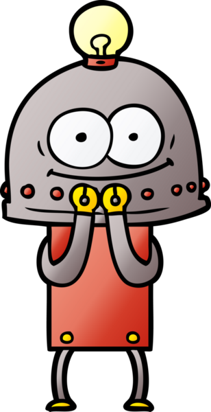 Bir insan tarafından çizilmiş ampullü mutlu karton robot.