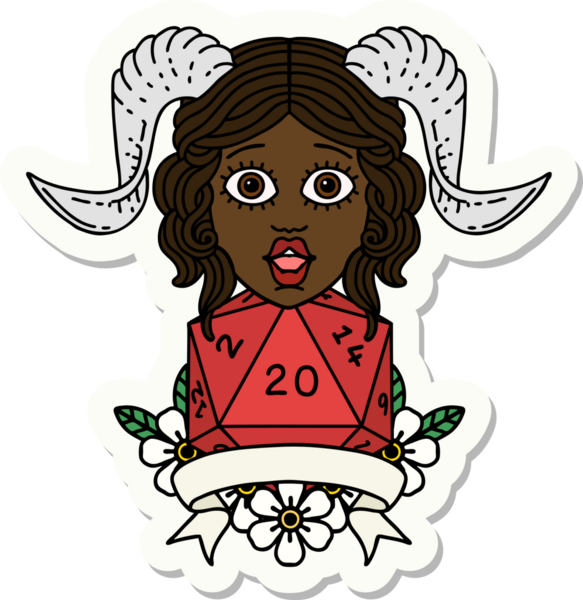 Bir insan tarafından çizilmiş doğal yirmi zarla yapıştırılmış bir etiket.