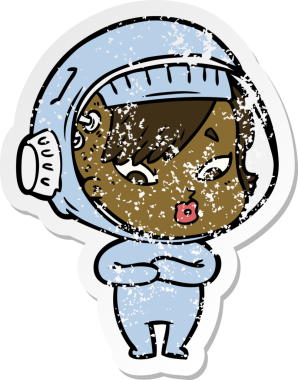 Bir insan tarafından çizilmiş karikatür astronot kadının sıkıntılı çıkartması.