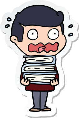 Kitapları olan bir karikatürcünün çıkartması bir insan tarafından çizilmiş.