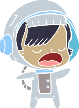 Düz renkli çizgi film konuşan astronot kadın bir insan tarafından çizilmiş.