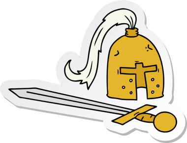 Bir insan tarafından çizilmiş ortaçağ miğferi ve kılıcının el çizimi karikatürü.