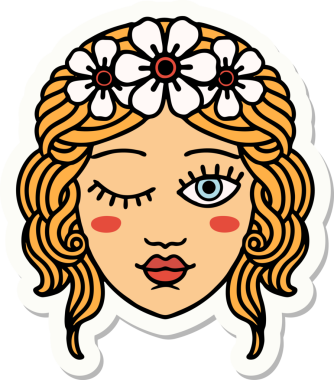 Geleneksel stil dövme çıkartması. Bir insan tarafından çizilmiş yüzü olan bakireler.